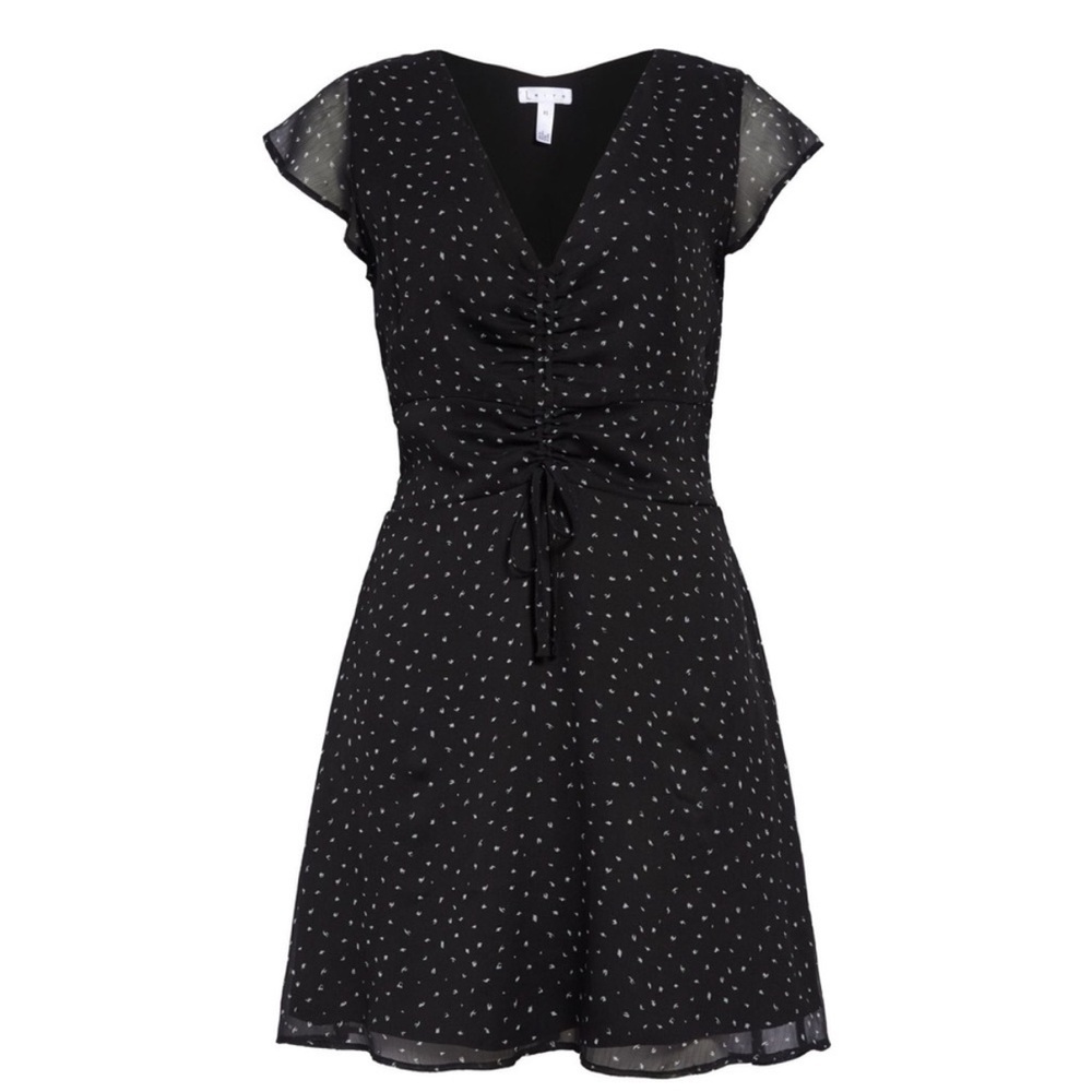 Leith Nordstrom Black Polka Dot Ruched Mini Dress Flutter Sleeve V-Neck ChiffonM